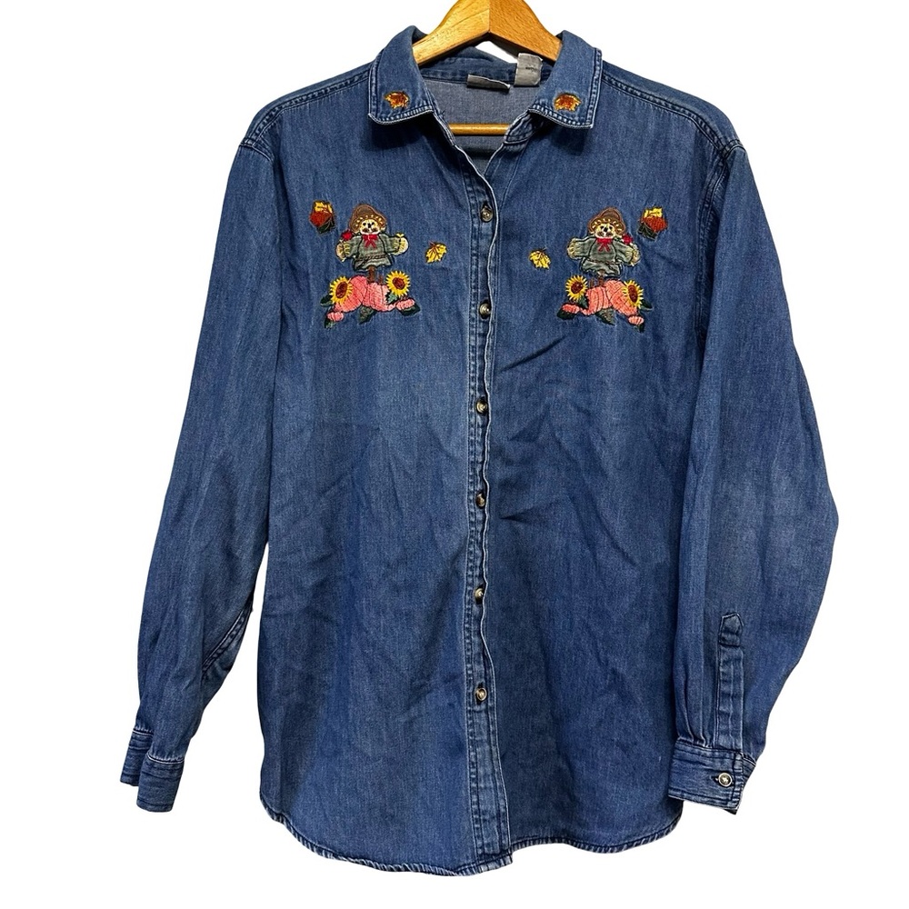 Vtg Embroidered Denim Button Up Shirt Scarecrow Pumpkin Sunflower Fall Large